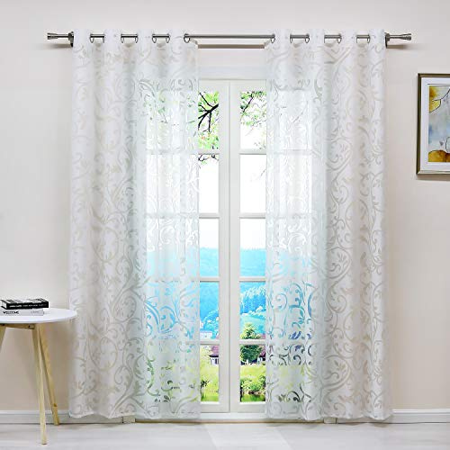 ESLIR Gardinen mit Ösen Vorhänge Ausbrenner Fensterschal Transparent Ösenschal mit Ranken Muster Weiß BxH BxH 140x225cm1 Stück
