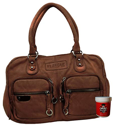 LL BARON of MALTZAHN Damen Schultertaschen FLAKONE brown-Natur Citybag-713 aus Leder incl. Lederpflege