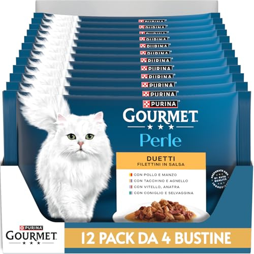 GOURMET Perle Duetti Cibo Umido per Gatti Adulti Filettini con Manzo e Pollo, Tacchino e Agnello, Vitello e Anatra & Coniglio e Selvaggina 48 Buste da 85g