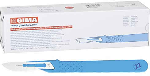 Gima - Bistouris en Acier Inoxydable, Manche en ABS, Stérile et Jetable, Standard, Taille n. 22, 10 scalpels emballés individuellement.