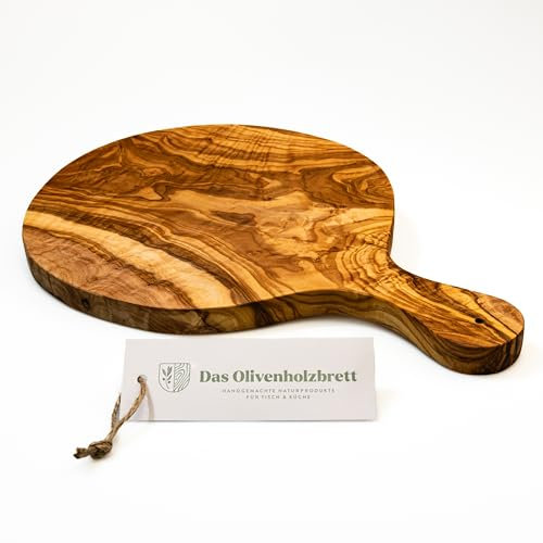 DAS OLIVENHOLZBRETT® Pizzabrett aus Olivenholz/Pizzabrett aus Holz/Schneidebrett für Flammkuchen/Servierbrett runde Form mit Griff 30cm