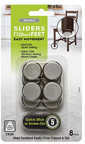 Slipstick CB255 Floor Protector Furniture Sliders / Chair Leg Glides (Set of 8) 25 mm Round Plastic Sliders - Self Stick or Screw On - Brown