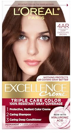 L'Oreal Paris Excellence Crème Permanent Hair Dye, Triple Care Hair Color with Hyaluronic Acid for 100% Gray Coverage, 4AR Dark Chocolate Brown, 1 Kit (Packaging May Vary)