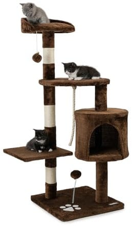 lionto Arbre à Chat avec 2 balles en Peluche & Corde de Jeu, Hauteur 112 cm, avec Corde en sisal & Peluche, Surface de Repos & Grotte, Support Mural Inclus, pour Petits & Grands Chats, Marron