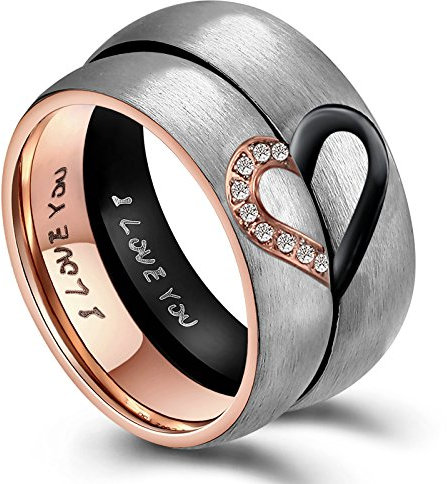 ANAZOZ Partnerringe Edelstahl, Ringe Für Herren Schwarz Größe 62 (19.7) Halbes Herz mit Gravur I Love You