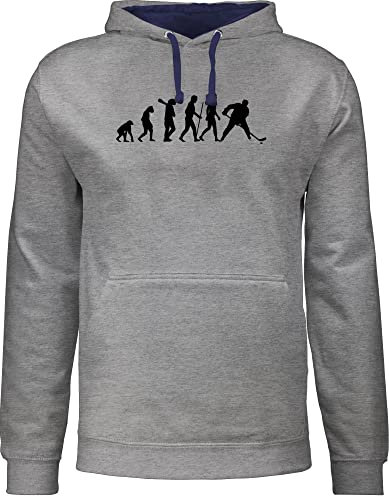 Pullover Herren Frauen Hoodie Kontrast zweifarbig - Entwicklung und Outfit - Eishockey Evolution - XXL - Grau meliert/Navy Blau - hoodies icehockey geschenk hockey hoody baby damen spieler pulli