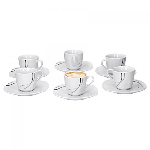 Van Well 6x 2-tlg. Espresso-Set Silver Night, Espressotassen 110 ml + Untertassen, Hotelporzellan, Kaffeegeschirr, abstraktes Dekor, Gastro-Geschirr