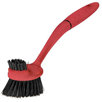 Greener Cleaner Long-Arm Dish Washing Scrub Brush Stubborn Caked-On Food Stains from Pots/Plates/Pans/Glass/Ceramic/Plastic, Hanging Easy-Grip Handle Eco-Flek (Recycled Plastic and Sustainable Wood Pulp) Dishwasher Safe for Bacteria Removal kitchen tool (Red)