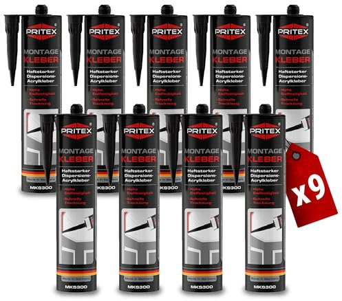 PRITEX – Profi Montagekleber Weiß 9x 300 ml – Baukleber für Holz-Paneele, Kabelkanäle, Sockelleisten, Styropor, Fliesen, Beton uvm. – haftstarker Universalkleber auf Acrylatdispersion-Basis für innen