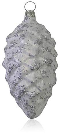 Lauschaer Glas Christbaumschmuck Tannenzapfen Eislack weiß mit Dekor 4 Stück Christbaumschmuck Weihnachtsbaumschmuck mundgeblasen, handdekoriert