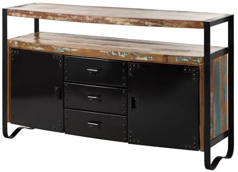 MASSIVMOEBEL24.DE | Industrial massives Sideboard - Mehrfarbig lackiert | Altholz | 2 Türen - 3 Schubladen - 2 Regalbretter | 150x43x90 | Kommode Tv-Sideboard Wohnzimmer-Schrank