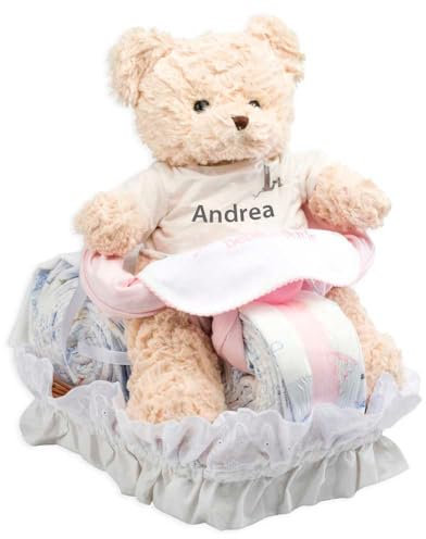 Geschenk zur Geburt – Kuchen Schichten Bär Biker rose- bebedeparis- Geschenkset bébé- Blumenstrauß babyblau – Blumenstrauß Geburt