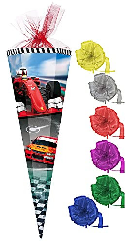 alles-meine.de GmbH Schultüte - Racing/Rennauto - 35 cm - rund - incl. Schleife - mit Tüllabschluß - Zuckertüte - mit/ohne Kunststoff Spitze - für Jungen - Auto Rennwagen..