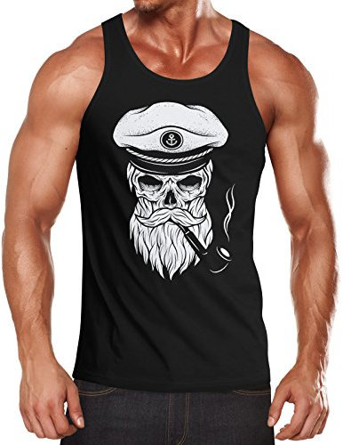 Neverless Herren Tanktop Totenkopf Kapitän Captain Skull Bard Hipster Original Spirit Seemann Muskelshirt schwarz L