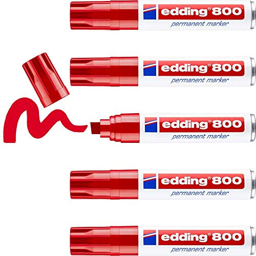 Edding 800 Permanent Marker - Red - 5 Pens - Chisel Tip 4-12 mm - For Bold Markings - Waterproof, Quick-Drying, Smear-Proof Pens - For Cardboard, Plastic, Wood, Metal, Glass And Fabric, 4-800002