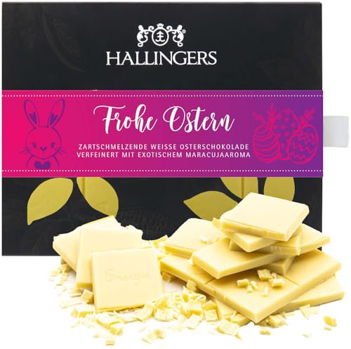 Hallingers Frohe Ostern - Ostergeschenke für Osterkörbchen zu Ostern, Weiße Edel-Schokolade Maracuja Passionsfrucht (Box) - Geschenk im Sommer & als perfektes Grillgeschenk | Glückwunsch Danke Freunds