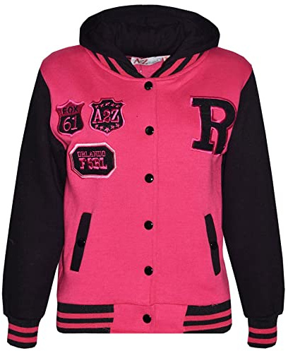 A2Z 4 Kids Boys Girls Hooded Varsity - B.B Fox Pink & Black 13 | Contrast Sleeve Outerwear With Ribbed Trim For Everyday Comfort