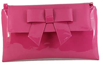 LONI Damen Clutch Tasche mit Schleife in Lack Kunstleder in Hot Pink Rosa