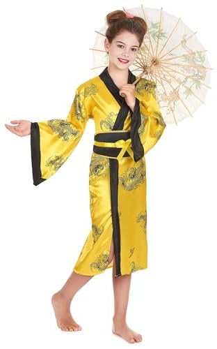 DEGUISE TOI - Déguisement chinoise jaune fille - Robe - Ceinture - L 10-12 ans (130-140 cm) - Jaune - Déguisements enfants - 100% Polyester - Lavable à la main - Carnaval