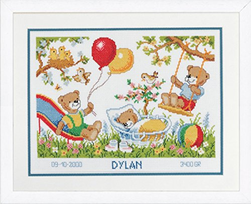 Vervaco Birth Record Teddies in Garden Counted Cross Stitch Kit, Multi-Colour 32 x 29cm