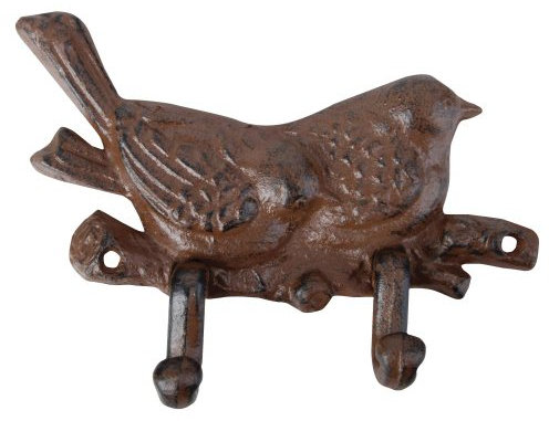 Esschert Design Wandhaken, Garderobenhaken mit Vogelmotiv, Doppelwandhaken aus Gusseisen, ca. 17 cm x 4,2 cm x 12 cm