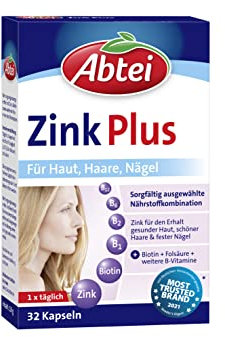 Abtei Zink Plus - spezielle Nährstoffkombination für gesunde Haut, kräftiges Haar und feste Nägel - mit Biotin und Folsäure - 1 x 32 Kapseln , 32 Stück (1er Pack)