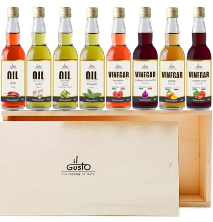 IL GUSTO Miniature Oils and Vinegars Gift Set | Chilli Garlic Rosemary Olive Oil | Mango Raspberry Balsamic Vinegar | Gourmet Tasting Collection | Premium Foodie Gift Box
