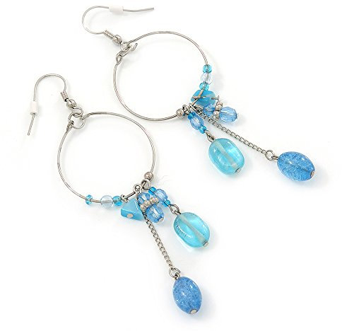 Silver Tone Light Blue Glass Bead Charm Hoop Earrings - 95mm Length