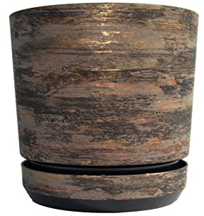KERD Grand Pot de Fleurs d'Intérieur Décoratif 26 cm, Style Rustique Couleur Écorce Rouille, Effet Bois Naturel pour Plantes, Rond avec Soucoupe, Fabriqué en Europe, Plastique Recyclé
