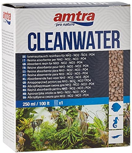 Amtra Cleanwater - Resina Assorbente per inquinanti organici (NH3 NO2 NO3 PO4) in acquari d'Acqua Dolce e Marina, Formato 250 ml