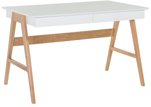 Table de Bureau 2 Tiroirs 120x70 cm en MDF et Bois de Chêne Blanc Laqué Sheslay