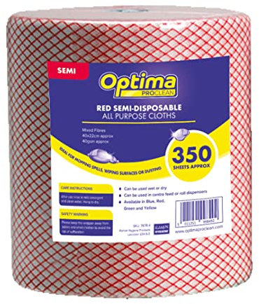 Optima Proclean Lightweight All Purpose Cleaning Cloth, Wiping, 22 x 44cm, 1 x 350 Cloths On A Roll, Red