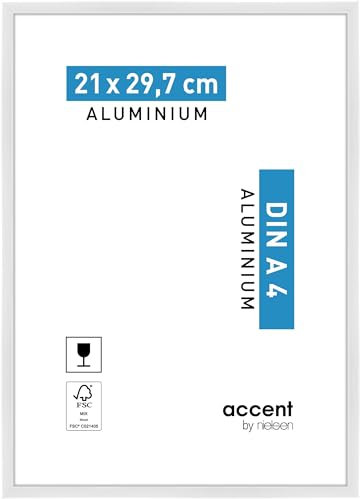 accent by nielsen Bilderrahmen, 21 x 29,7 cm (A4), Aluminium, Weiß glanz, Dokumentenrahmen zum Aufhängen im Hoch- & Querformat, Echtglas, Accent