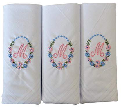 3er Pack Damen/Damen bestickt Initialen Taschentücher mit weißem Satin Rand, M