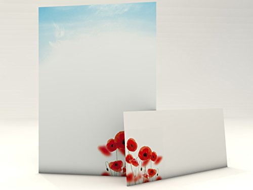 Motivpapier Set mit Umschlag Mohnblumen 50 Blatt A4 und 50 passende Kuverts