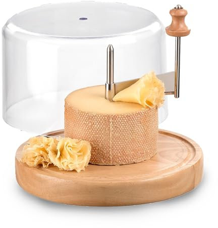 Iris Barcelona Cortador de Queso Horizontal con Tabla de Madera Redonda, Eje Central Giratorio con Cuchilla para Cortar Virutas y Flores de Queso Ø22cm