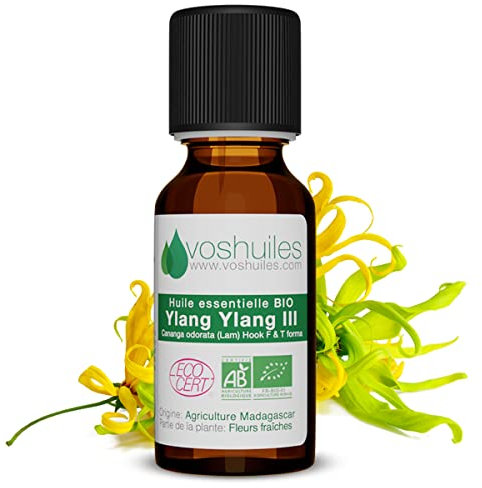 Huile Essentielle BIO d'Ylang Ylang III - 100% Pure et Naturelle - HEBBD et ECOCERT - Utilisation Alimentaire - Idéal pour Boissons et Desserts - Parfum Floral - 10 ml - VOSHUILES