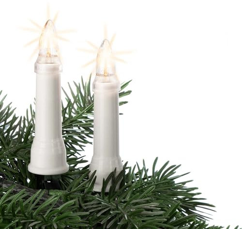 hellum Christbaumbeleuchtung für innen & außen, 20x Riffel-Kerzen, Schaft weiß, Weihnachtsbaum Lichterkette mit grünem Kabel, Fassungsabstand 45 cm, inkl. Ersatzlämpchen 640205