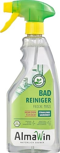 AlmaWin Badreiniger 500 ml I Umweltfreundlicher Allzweckreiniger für das gesamte Bad I Mit Pfefferminz-Duft I Effektiv gegen Kalk, Seifenreste etc. I Frei von synthetischen Duft- & Farbstoffen I Vegan