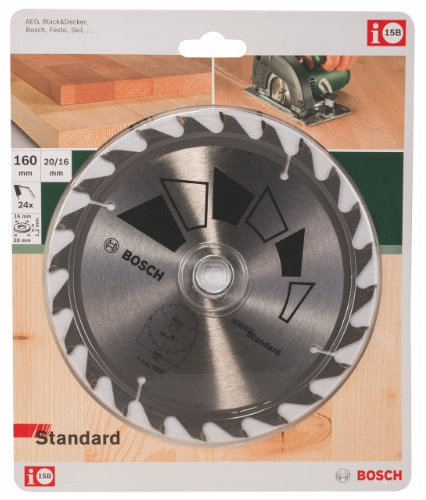 Bosch 1x Lame de Scie Circulaire Standard (pour Bois, Ø 160 x 2.2/1.5 x 20/16 mm, 24 Dents, ATB, avec 1x Bague de Réduction 16 mm, Accessoire Scie Circulaire)