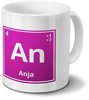 Tasse mit Namen Anja als Element-Symbol des Perioden Systems - pink - Namenstasse, Kaffeebecher, Mug, Becher, Kaffeetasse