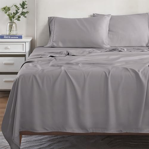 Superior Modal from Beechwood 300 Thread Bed Sheet Set, 1 Elastic Deep Pocket Fitted Sheet, 1 Flat Sheet, 2 Pillowcases, Soft Cool Sheets, Sateen Weave, Bedding Essentials, Queen, Grey