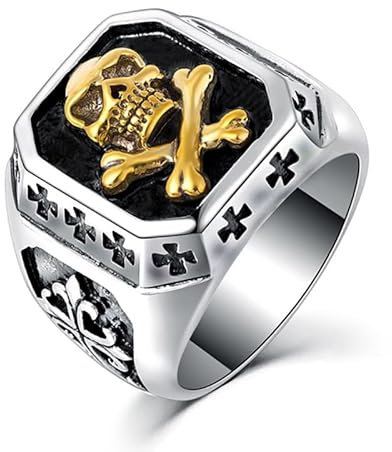 BOBIJOO Jewelry - Bague Chevalière Tête de Mort Argenté Or Croix Templiers Acier Inoxydable Biker - 68 (12 US)