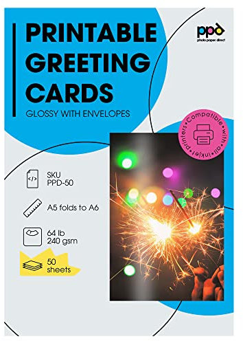 PPD Greeting Card Paper, Printable Greeting Cards with Envelopes for Inkjet Printer, A5, 5.5 x 8.5 Blank Half Fold to 4.25 x 5.5 Custom Cards for Birthday, Wedding, Invitations, Thank You (50 Sheets)