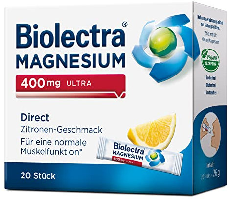 Biolectra Magnesium 400 mg Direct Sticks Zitrone, 20 Stück: Für eine normale Muskelfunktion bei erhöhtem Bedarf, Magnesium Direkt-Sticks, hochdosiert