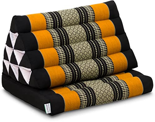 livasia Thaikissen mit 1 Auflage - 75x50x8cm - Dreieckskissen mit Sitzkissen, Keilkissen mit Kapok, Rückenkissen faltbar, Thaimatte zum Klappen, handgefertigt, Meditationskissen (Schwarz/Orange)