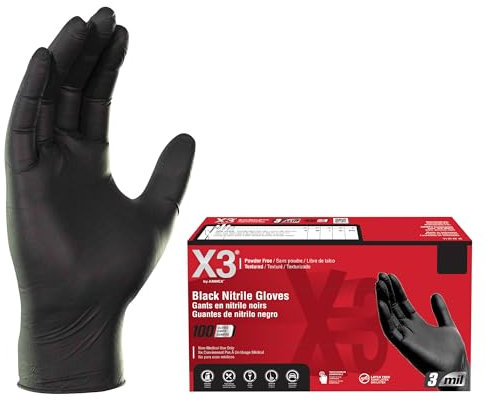 X3 AMMEX - BX346100-BX - Nitrile Gloves - Disposable, Powder Free, Latex Free, 3 mil, Food Safe, Large, Black (Box of 100)