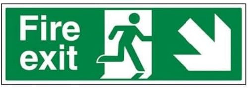 V Safety Fire Exit Arrow Down Right Sign - Landscape - 450mm x 150mm - Self Adhesive Vinyl, Green, 14006BJ-S