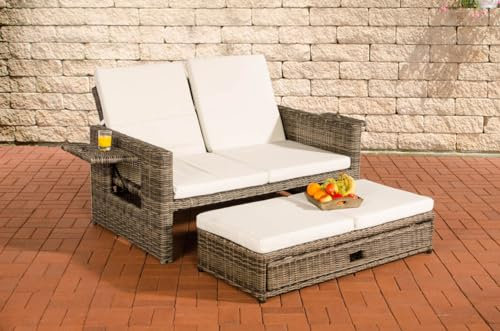 CLP Polyrattan 2er-Loungesofa Ancona 5mm I Rundrattan Garten-Sofa Mit Ausziehbarem Fußteil Und Verstellbarer Rückenlehne I, Farbe:grau-meliert, Polsterfarbe:Cremeweiß