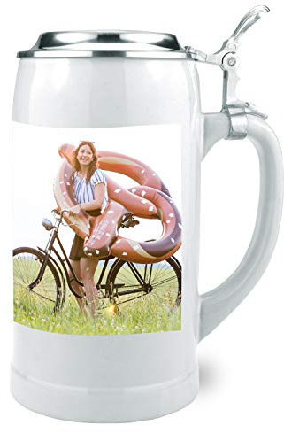 Bavariashop Steinkrug mit Zinndeckel, personalisiert mit Wunschfoto, 1 Liter Maßkrug als Unikat mit eigenem Fotomotiv, Individuelle Geschenkidee